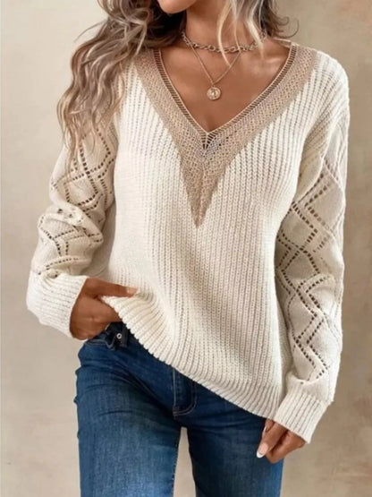 Openwork V-Neck Long Sleeve Sweater
