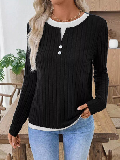 Ribbed Knit Button Detail Contrast Sweater Black