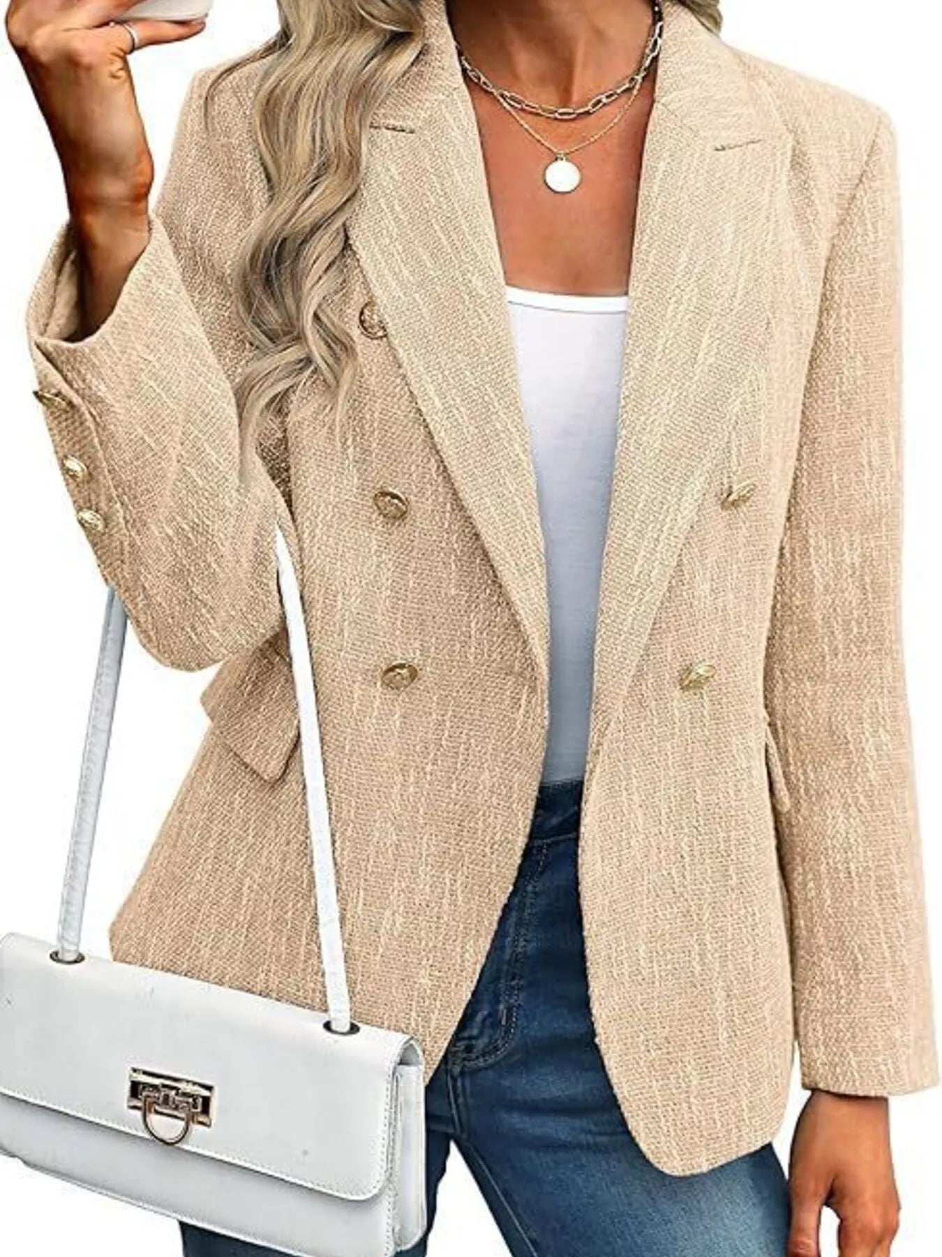 Double-Breasted Lapel Collar Blazer Khaki