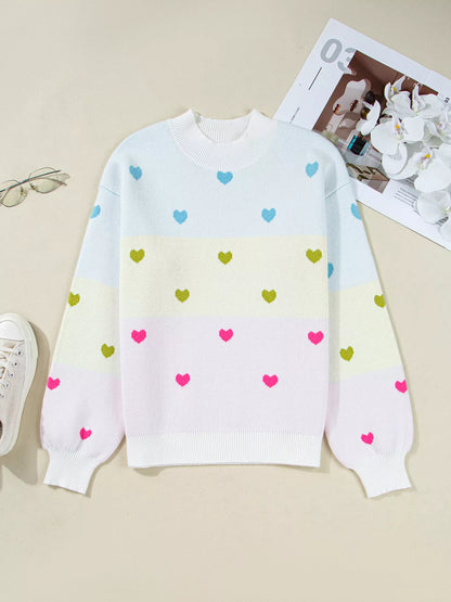 Multicolour Heart Pattern Dropped Shoulder Sweater