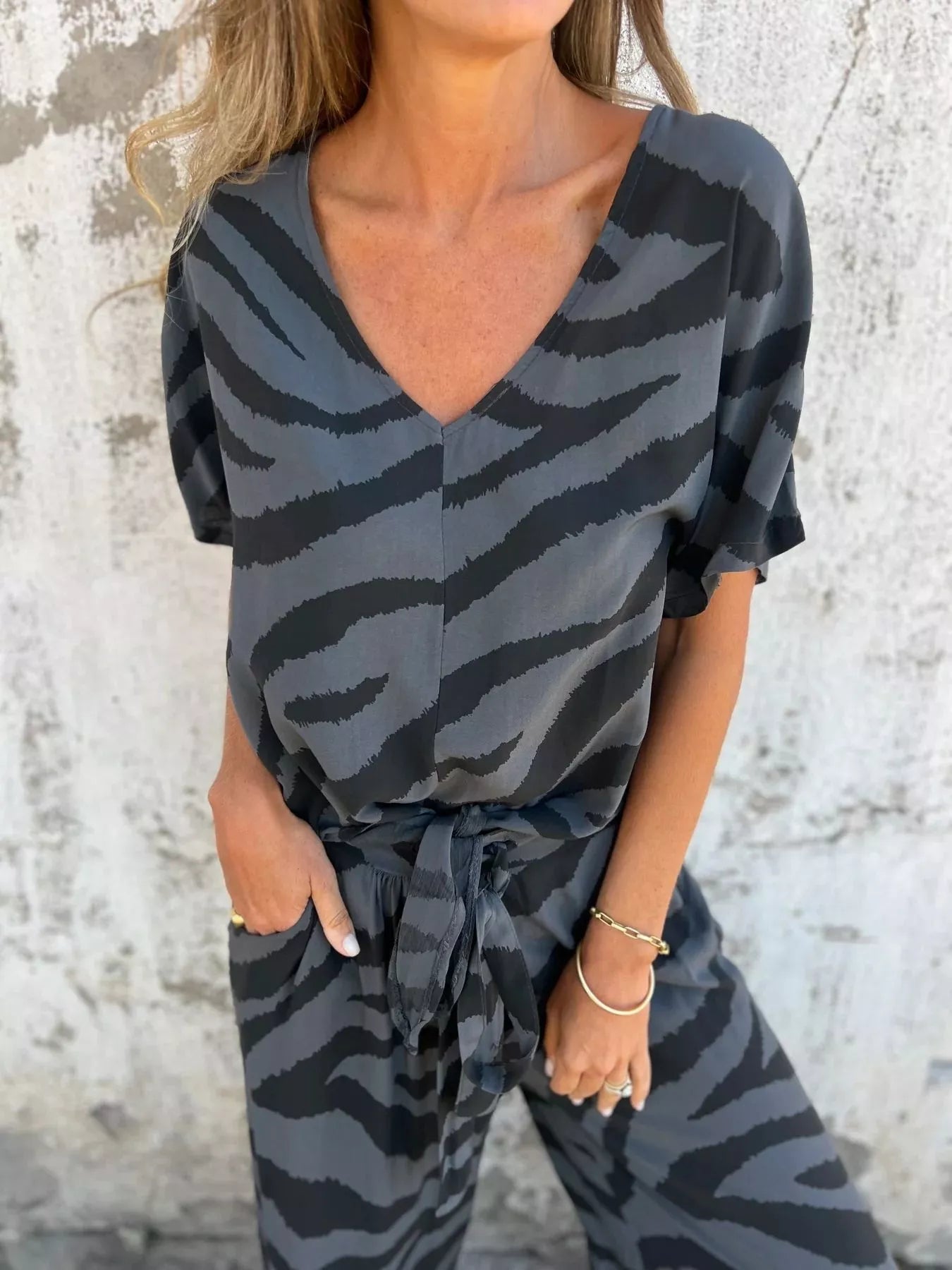 Zebra Print V-Neck Top and Pants Set