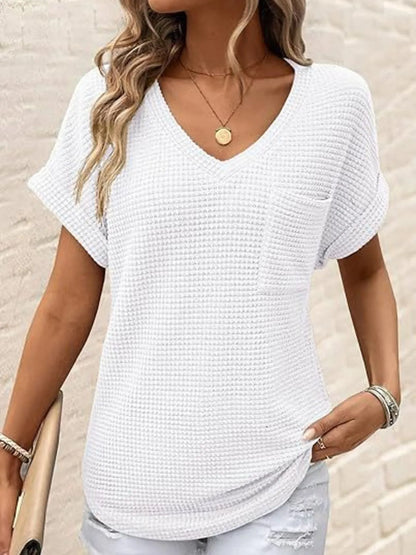 Waffle Knit V-Neck Casual T-Shirt White