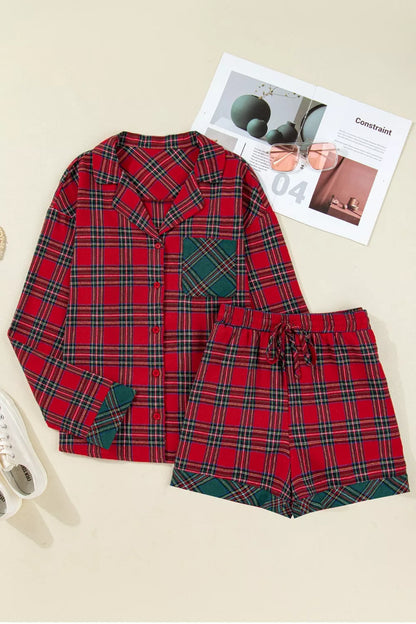Plaid Contrast Patched Christmas Holiday Long Sleeve Shirt and Short 2pcs Pajama Set