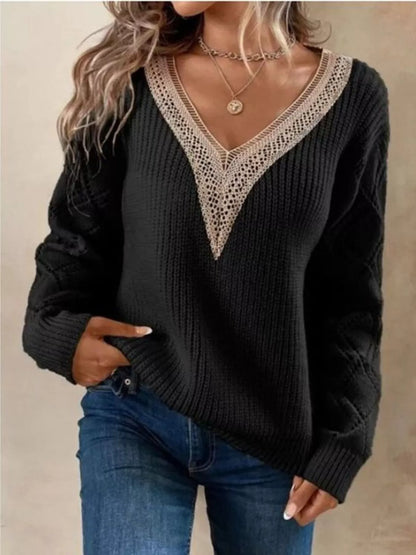 Openwork V-Neck Long Sleeve Sweater Black