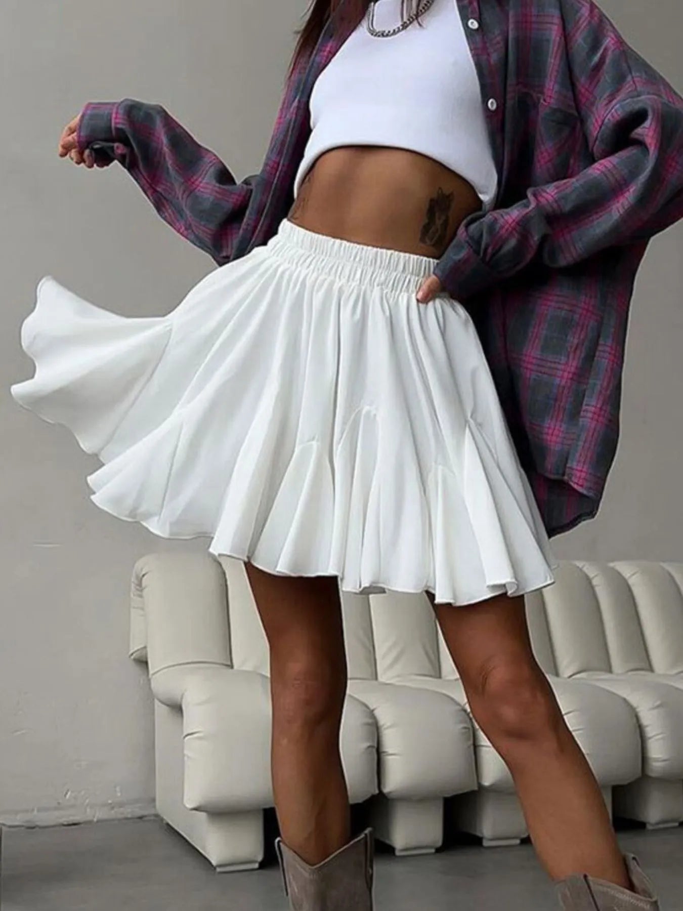 Elastic Waist Ruffled Hem Skirt White