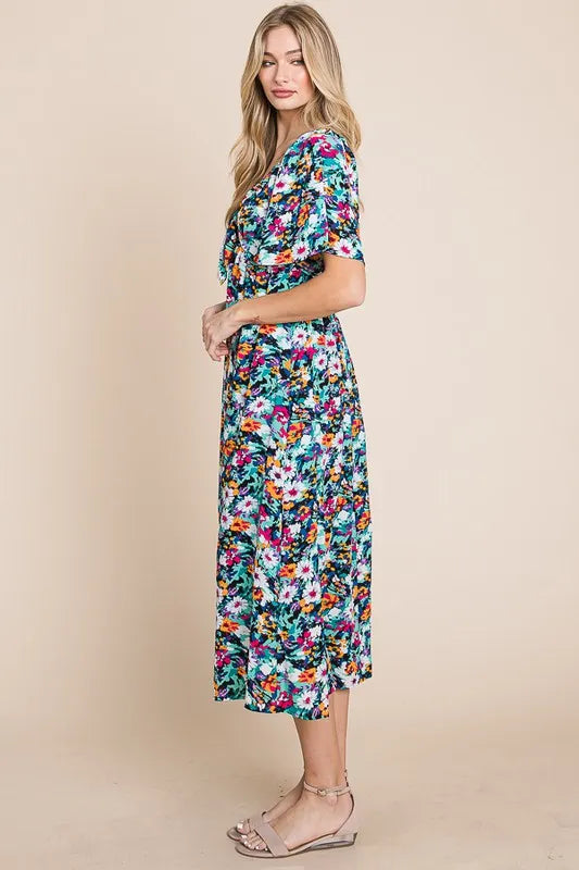 Lime 'N' Chili Floral Print Sweetheart Neck Tie Front Midi Dress