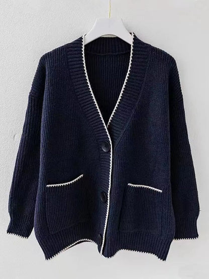 Pocketed Button Down Cardigan Navy Blue