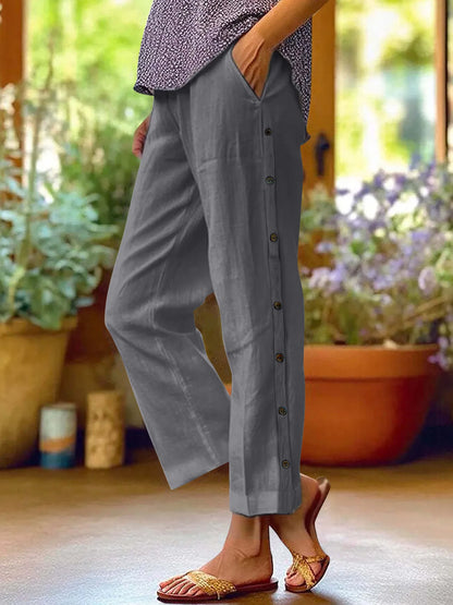 Full Size Side Decor Button Casual Wide Leg Pants Plus Size Dark Gray