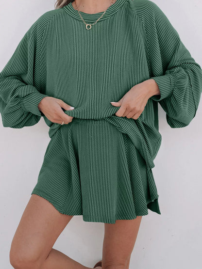 Corded Lantern Sleeve Top and High Waist Mini Skirt Set