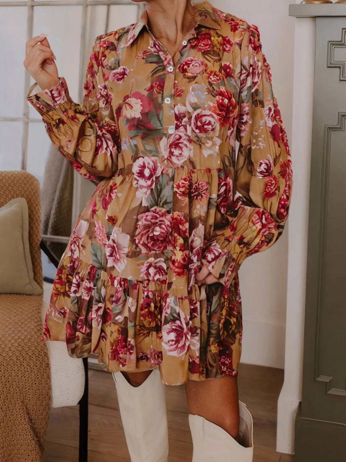 Floral Print Half Button Flounce Sleeve Ruffle Mini Dress