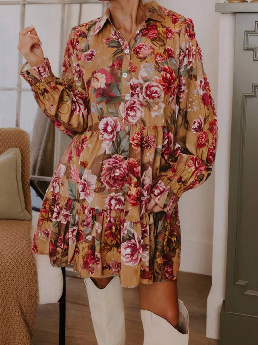 Floral Print Half Button Flounce Sleeve Ruffle Mini Dress