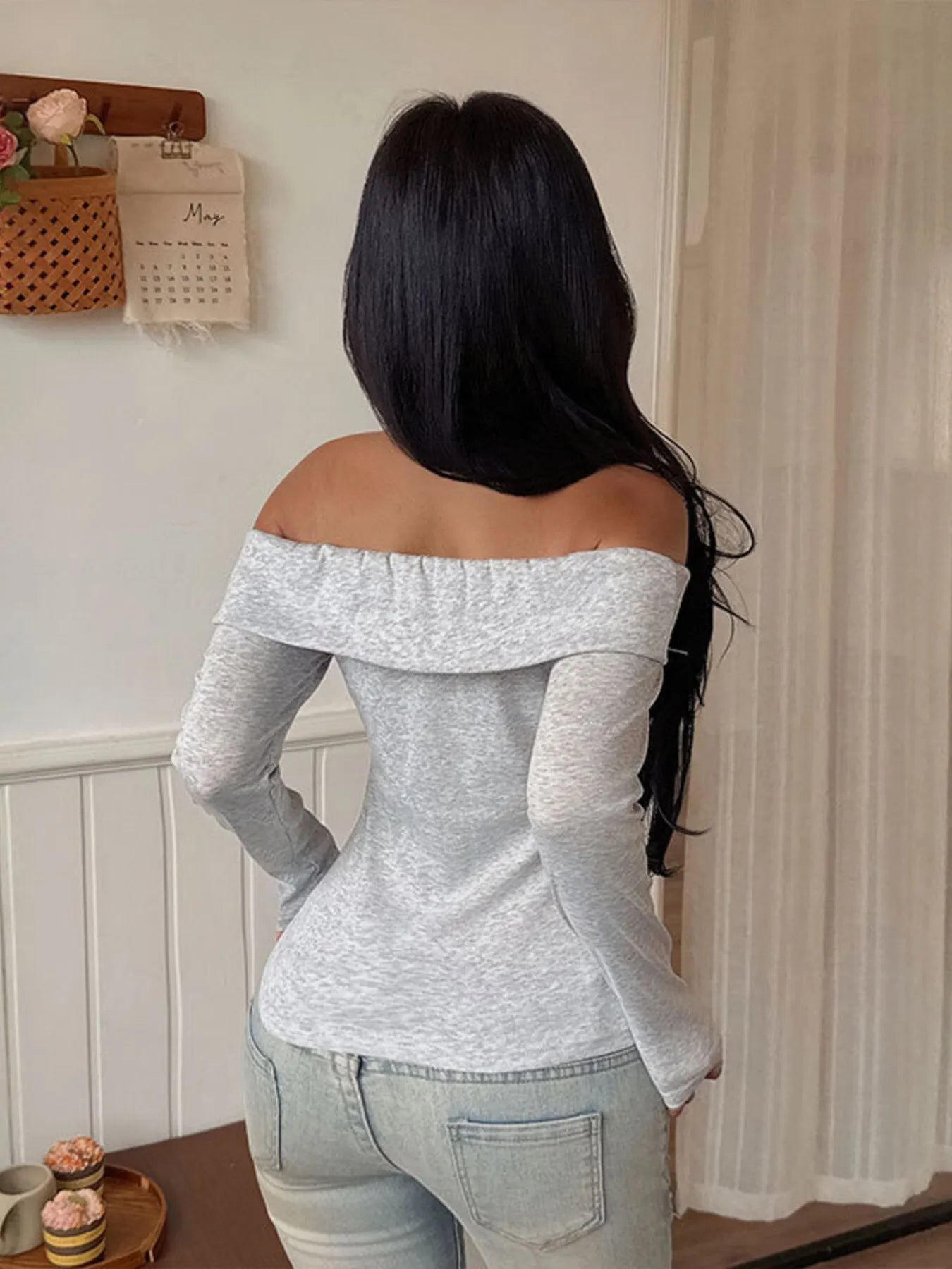Off-Shoulder Long Sleeve Fitted T-Shirt