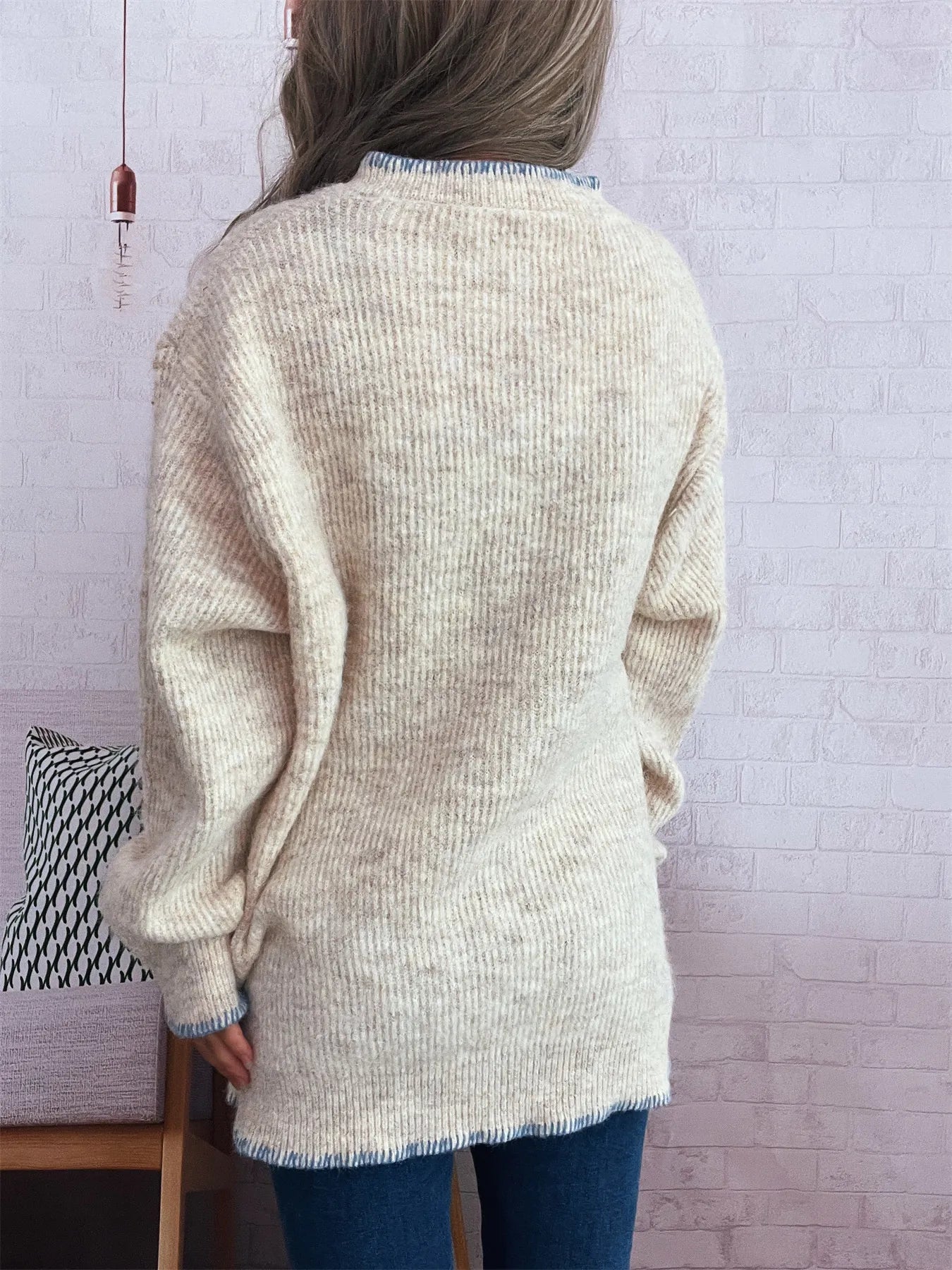 Ribbed Button Detail Long Sleeve Sweater