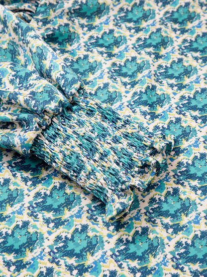 Abstract Print Shirred Cuff Ruffled Puff Sleeve Blouse