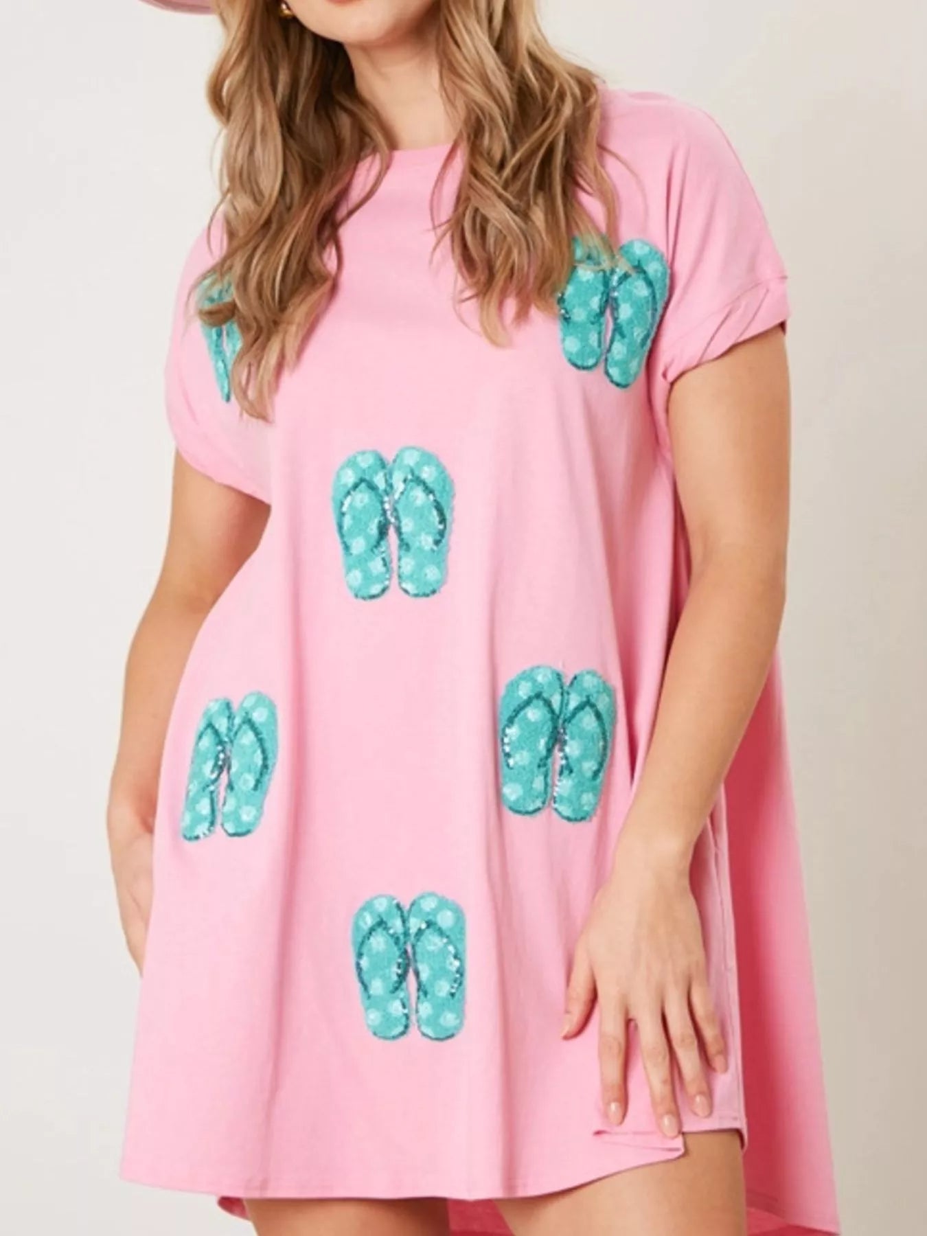 Sequin Short Sleeve Summer Tee Dress Fuchsia Pink