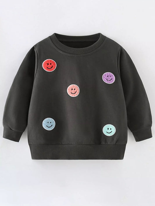 Children's Smiley Face Patches Crewneck Sweatshirt Black