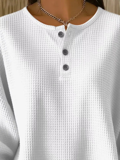 Full Size Waffle Knit Button Detail Top Plus Size