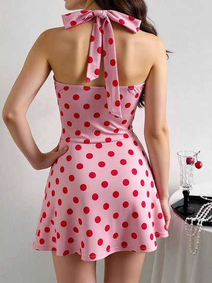 Polka Dot Halter Neck Twisted Front Mini Dress
