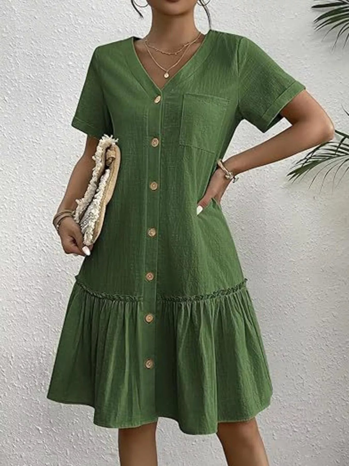 Full Size Button-Front Short Sleeve Tiered Dress Plus Size