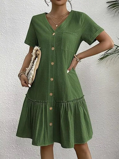 Full Size Button-Front Short Sleeve Tiered Dress Plus Size