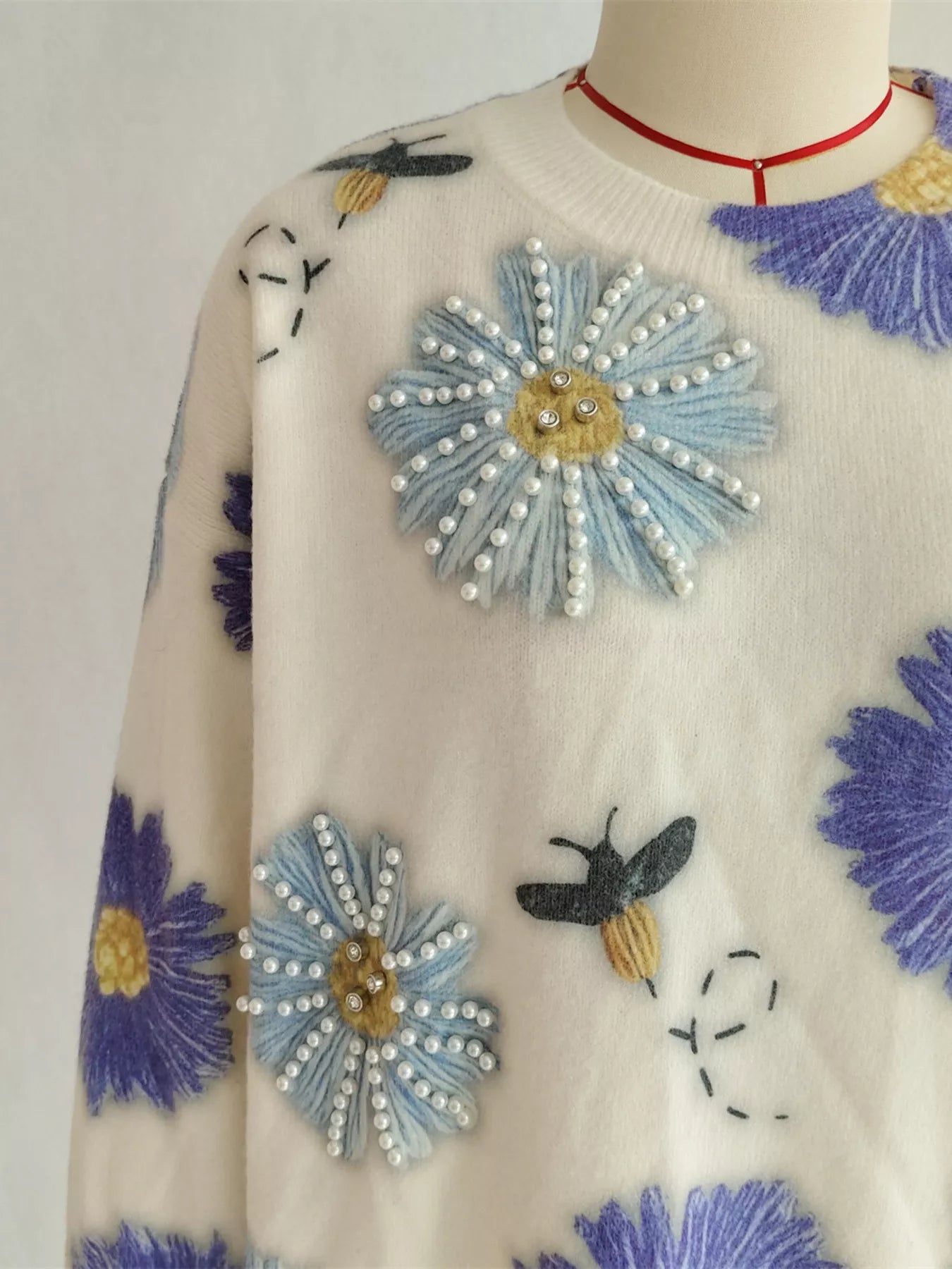 Pearl Detail Flower Round Neck Sweater