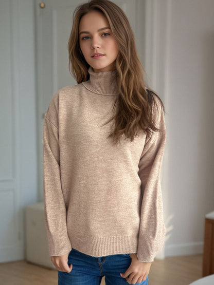 Turtleneck Dropped Shoulder Long Sleeve Sweater Camel One Size