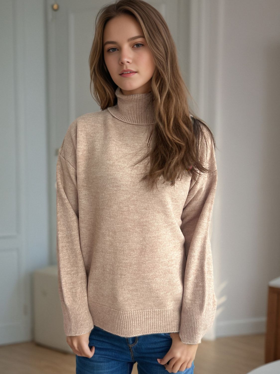 Turtleneck Dropped Shoulder Long Sleeve Sweater Camel One Size