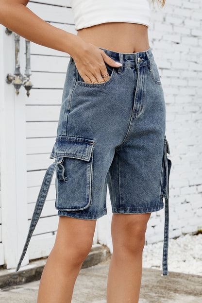 Washed Cargo Denim Shorts