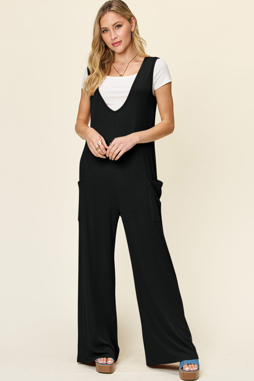Sleeveless Wide Leg Jumpsuit with Handy Pockets Black