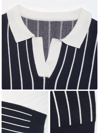 Stripe Contrast Collar Long Sleeve Knit Top