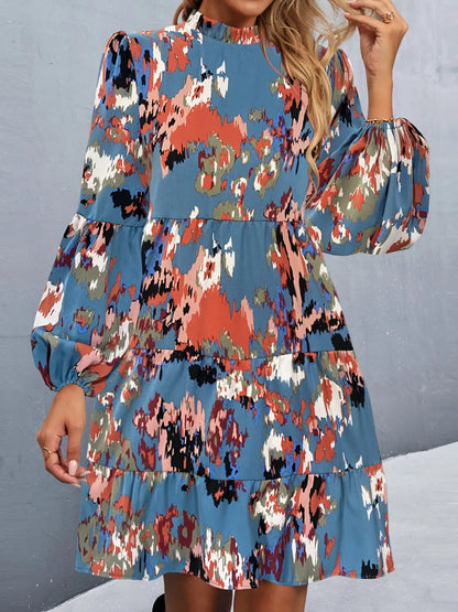 Printed Balloon Sleeve Mini Dress Dusty Blue