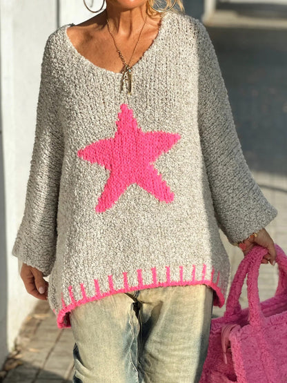 Star V-Neck Long Sleeve Oversize Sweater Hot Pink