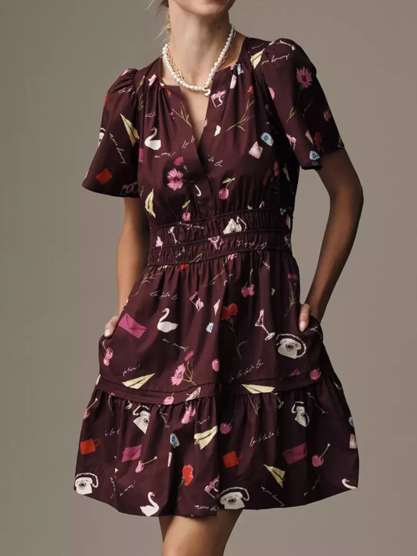 Printed Notched Short Sleeve Dress