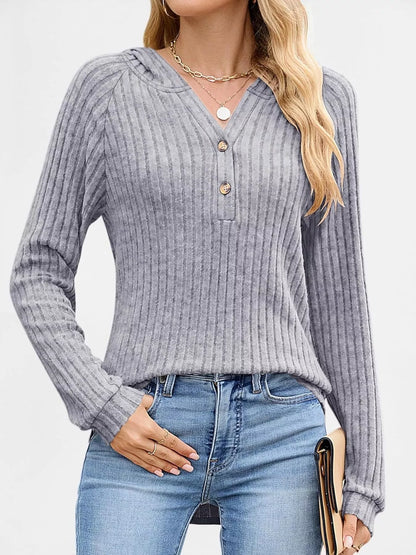 Full Size Ribbed Knit Button Detail Hooded Top Plus Size