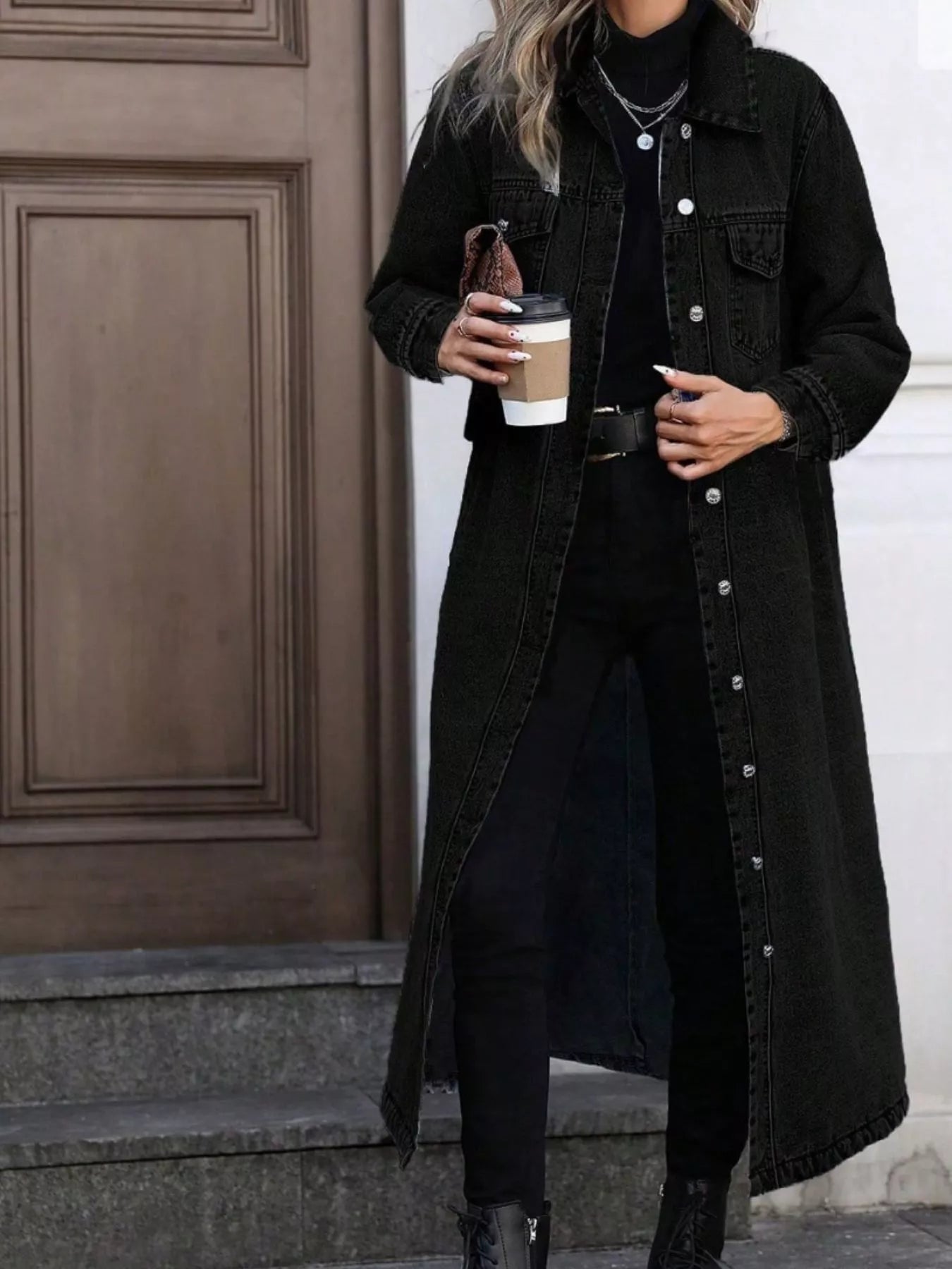 Longline Button-Front Denim Jacket Black