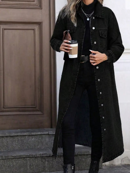 Longline Button-Front Denim Jacket Black