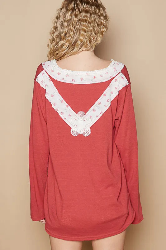 POL Lace Flower Patch Long Sleeve T-Shirt