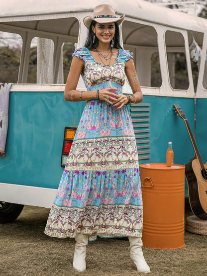 Frill Printed Cap Sleeve Dress