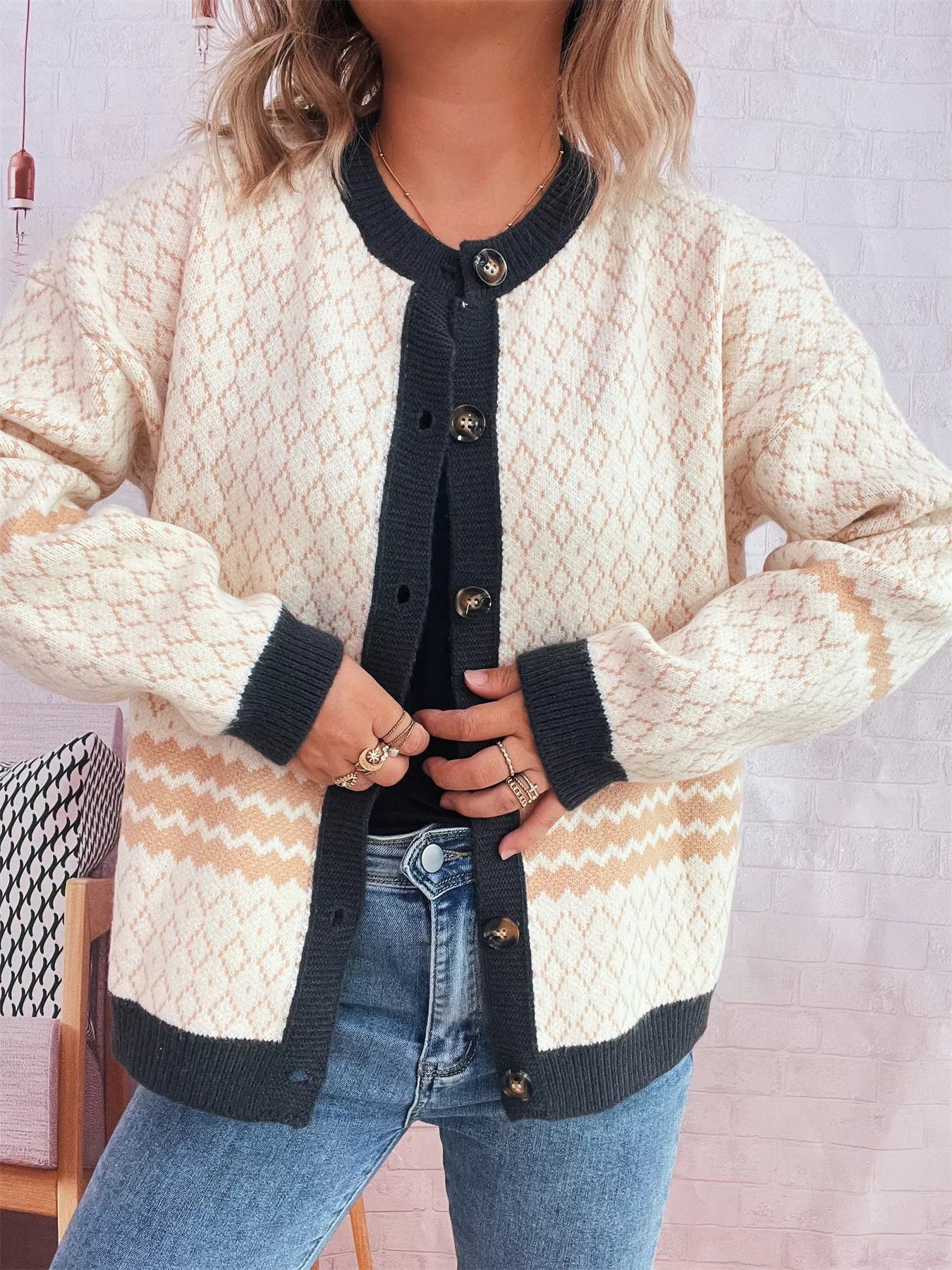 Geometric Pattern Button Up Cardigan