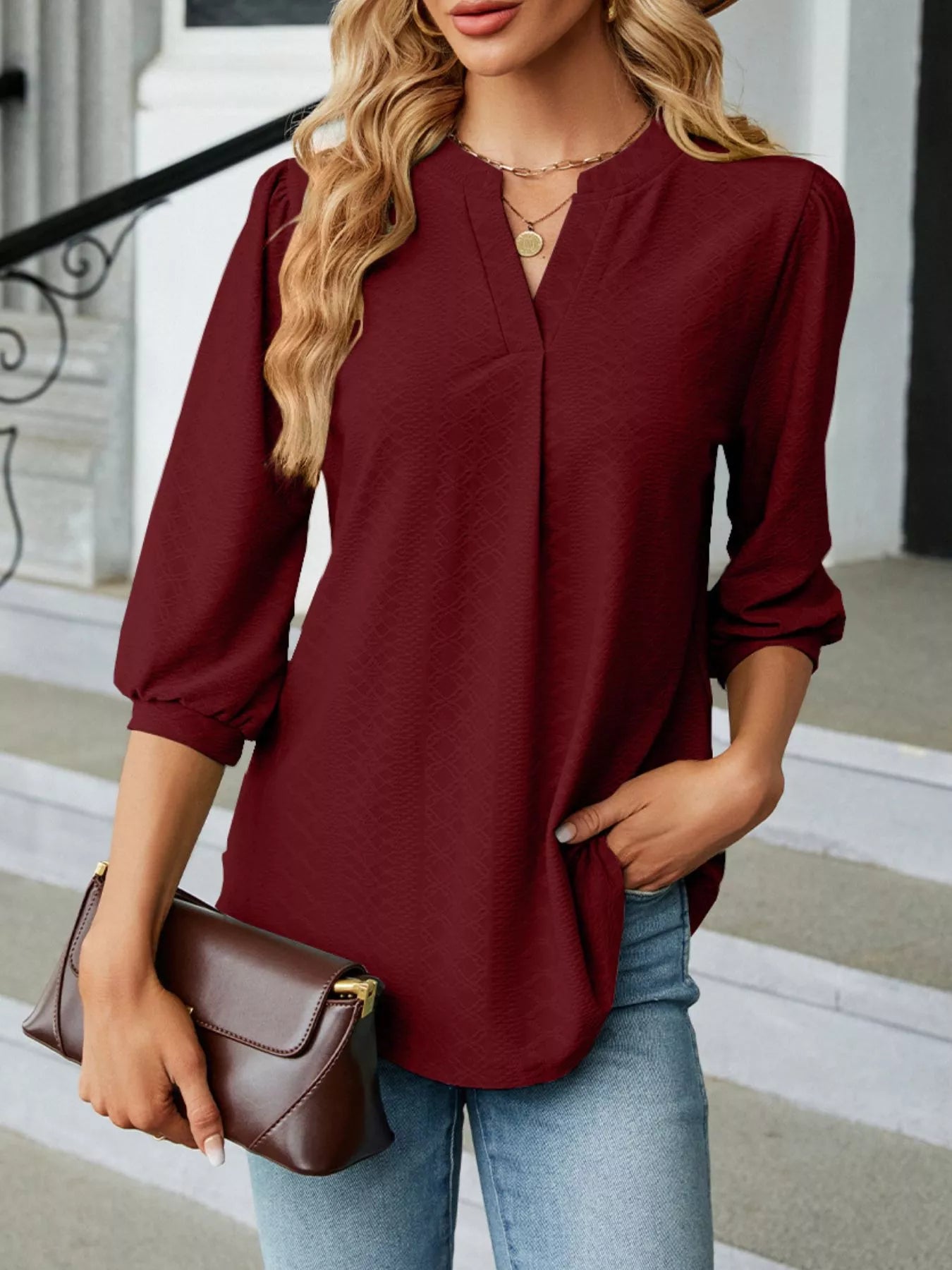 Notched 3/4 Sleeve Casual Top Burgundy