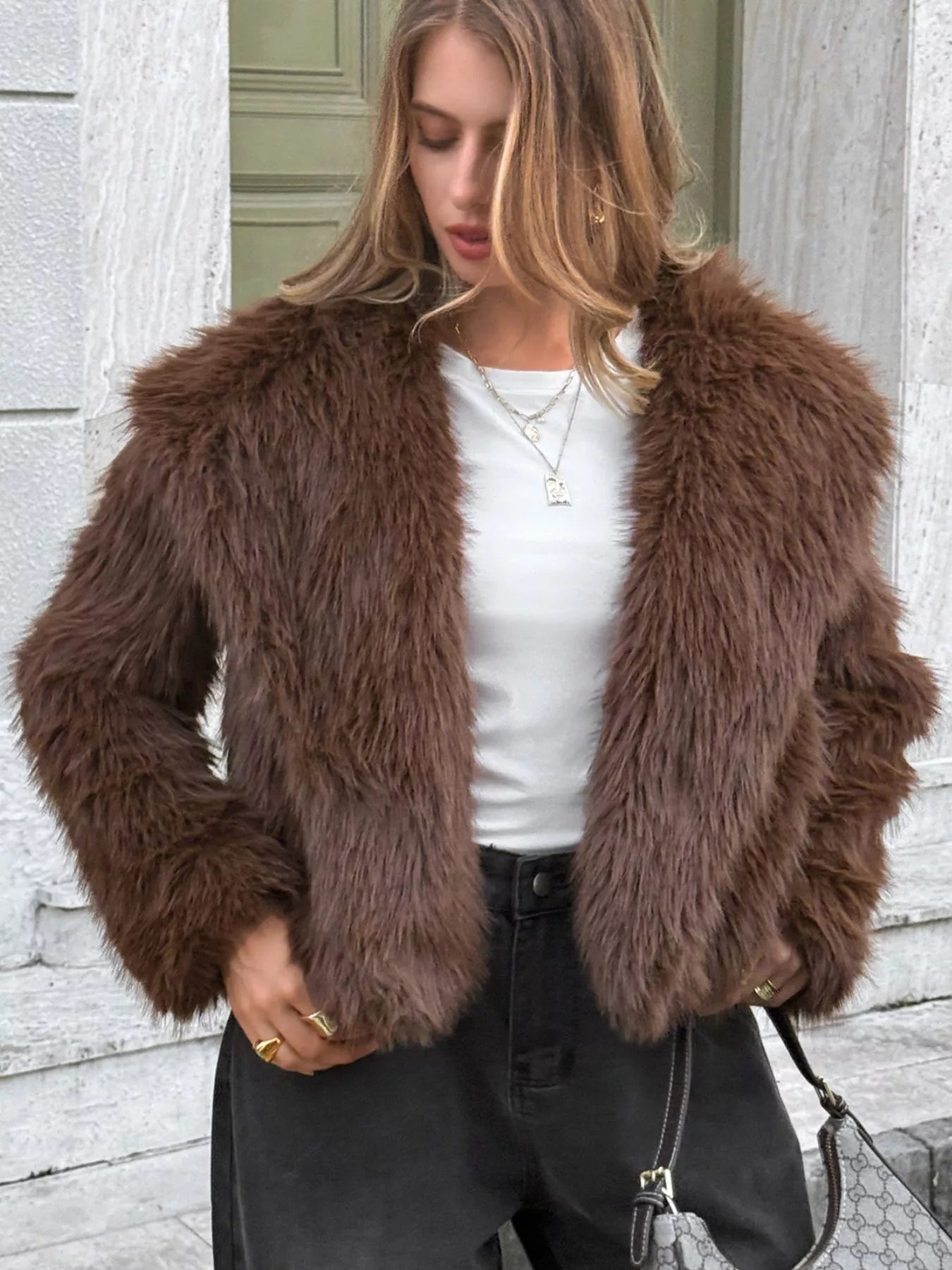 Open Front Faux Fur Cropped Jacket