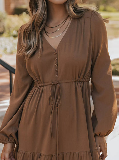 V-Neck Balloon Sleeve Tiered Dress