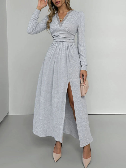 Lace Detail V-Neck Maxi Dress with Side Slit Light Gray