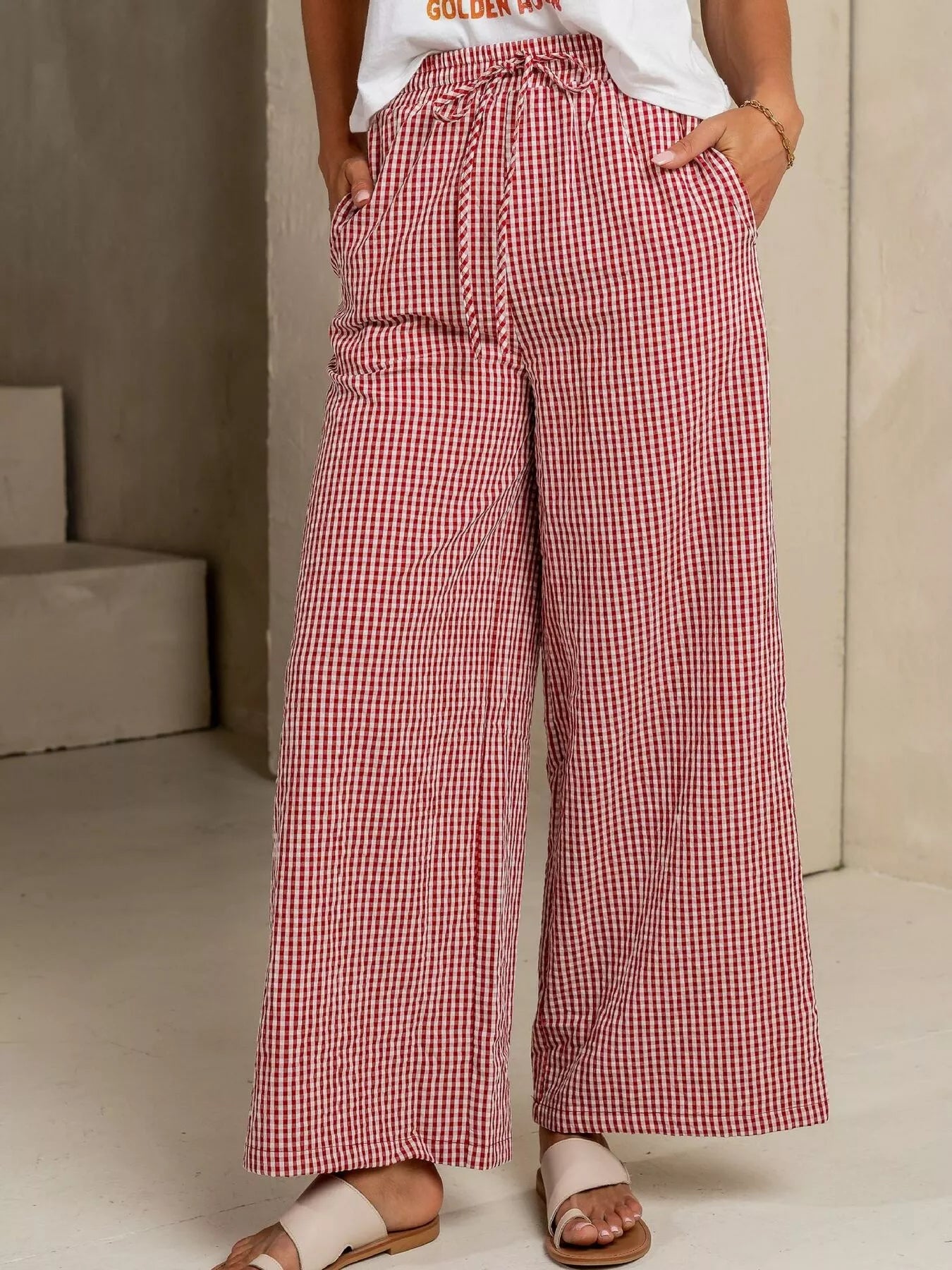 Gingham Print Wide Leg Casual Pants Red