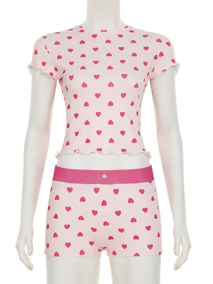 Heart Print Top and Shorts Loungewear Set