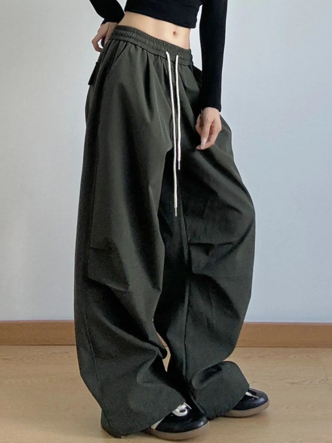 Oversized Wide Leg Drawstring Pants Army Green
