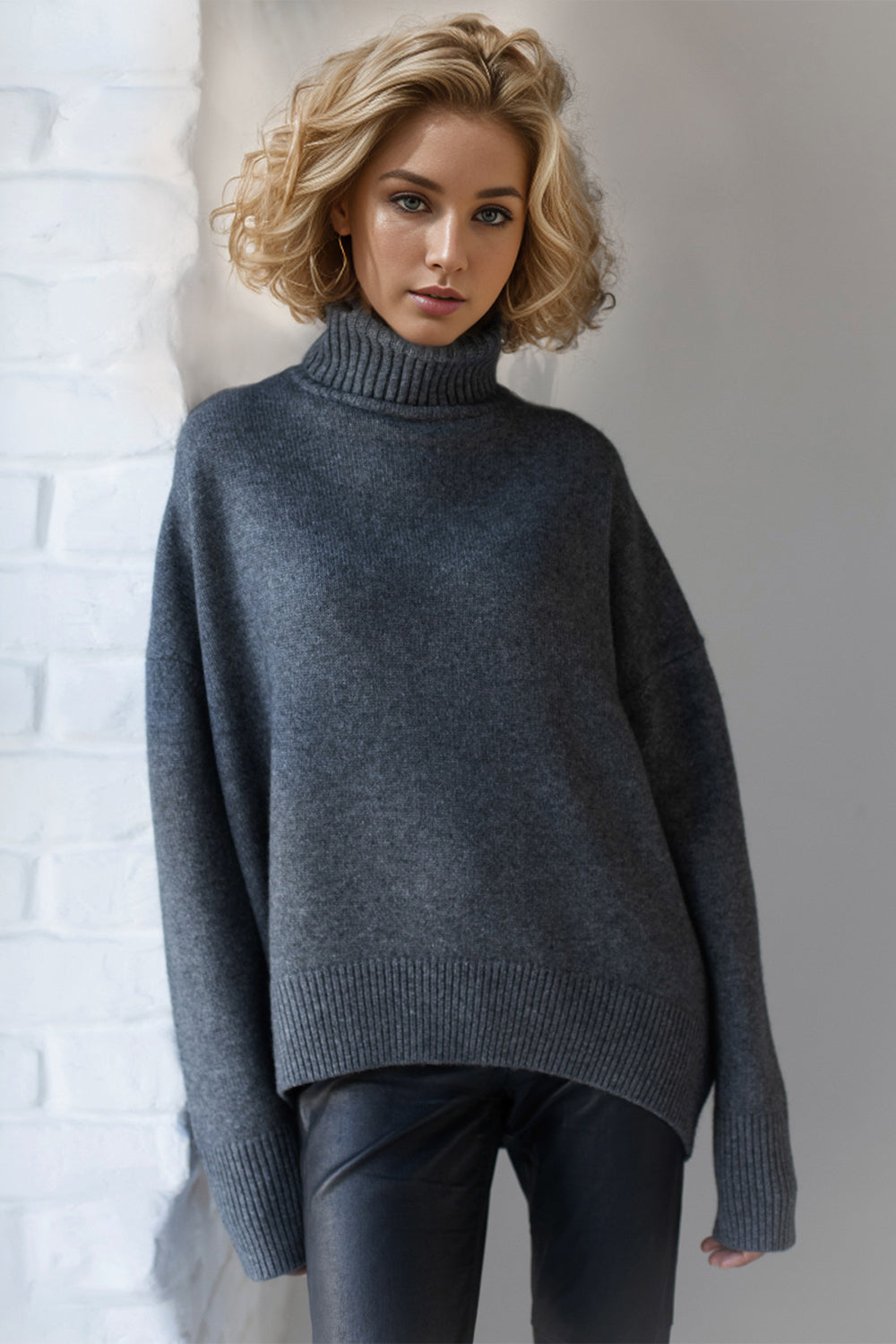 Back To School Sweater - Basic Bae Turtleneck Dropped Shoulder Long Sleeve Sweater Dark Gray One Size