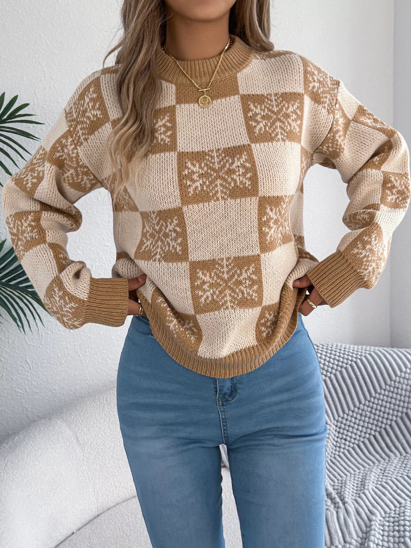 Christmas Snowflake Checkered Round Neck Sweater