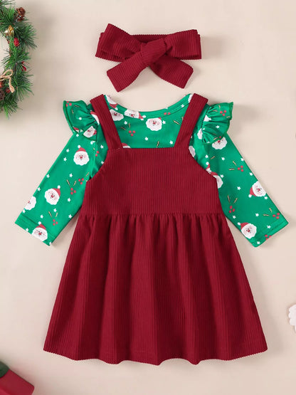 Children's Christmas Bodysuit and Overall Dress Set with Headband