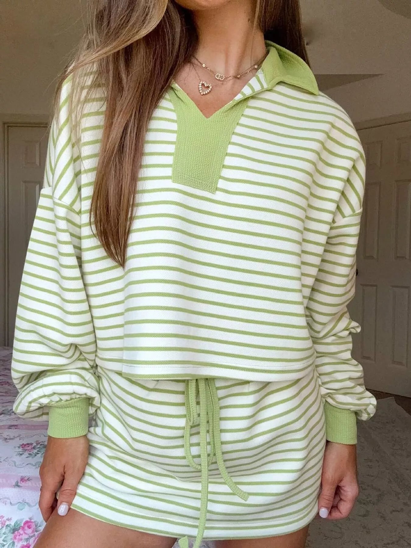 Striped Dropped Shoulder Top and Skirt Set Yellow-green